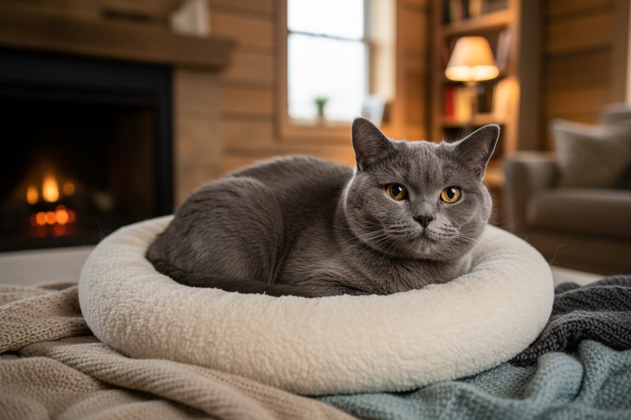 Красивый счастливый британский кот на лежанке 